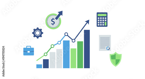 Financial Growth Chart, Business Strategy, and Success Icons. Data Analysis, Investment Planning, and Security Shield Illustration.