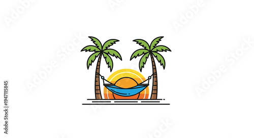 Two palm trees with a blue hammock and a bright sunset on an isolated white background, depicting a relaxing tropical beach vacation.