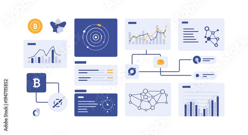 Cryptocurrency Bitcoin Data Analytics Dashboard. Fintech Blockchain Network Visualization Elements.