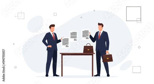 Businessmen reviewing documents and contracts at a table, corporate concept