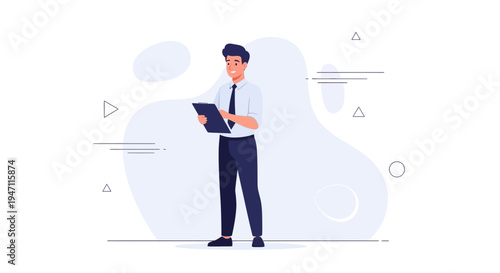 Young businessman holding a tablet, standing and smiling, modern office background