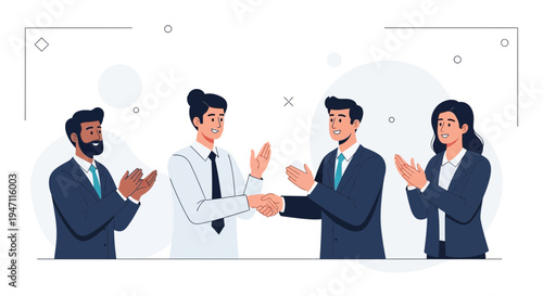 Business partners shaking hands, colleagues clapping, celebrating success, teamwork, agreement