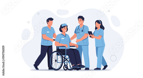 Healthcare Team Assisting Patient in Wheelchair, Medical Care Concept