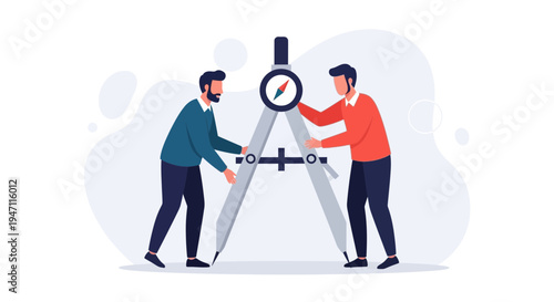 Two men working together with a large compass, symbolizing teamwork and precision in engineering or design.