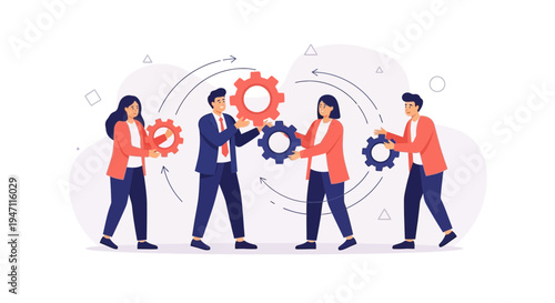 Teamwork and Collaboration: People working together with gears, business concept