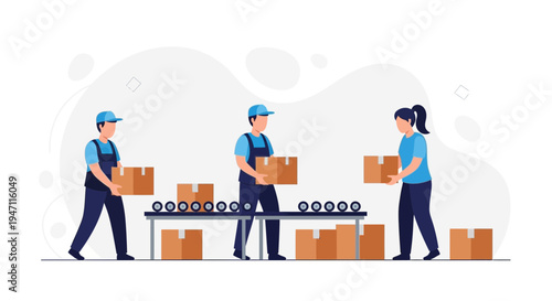 Factory workers on conveyor belt packing boxes, logistics and manufacturing concept