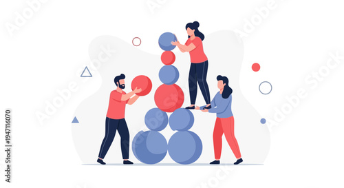 Teamwork Building Tower of Blocks, Collaboration and Success Concept