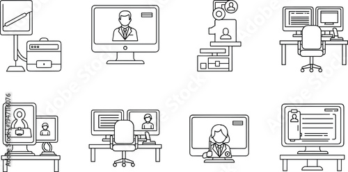 online education icon set, e learning classroom technology symbols, remote teaching computer training line icons, modern outline vector