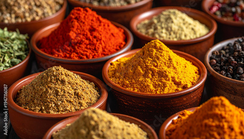 Various ground spices in clay bowls