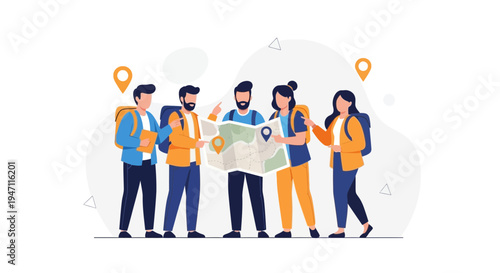 Group of diverse friends with backpacks planning a trip with a map