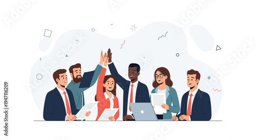 Diverse business team celebrating success, high five, teamwork, collaboration, office meeting