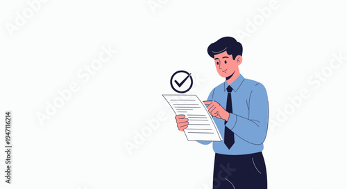 Man in blue shirt checking document with checkmark icon, business concept
