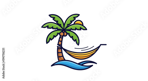 Single palm tree with a blue hammock over ocean waves, depicting a vibrant tropical beach scene on an isolated white background.