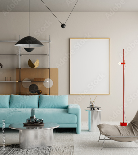 Contemporary living room interior with turquoise sofa and empty poster frame mockup on wall, stylish modern apartment space with minimalist furniture and Bauhaus inspired design. 3D illustration