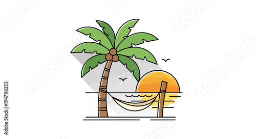 Single palm tree with a hammock and sunset on an isolated white background, depicting a relaxing tropical vacation scene.