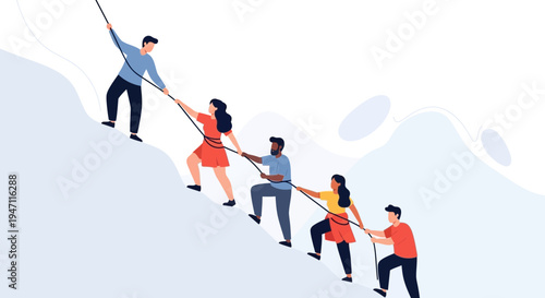 Teamwork Climbing Mountain Together, Helping Each Other Up, Success and Support Concept
