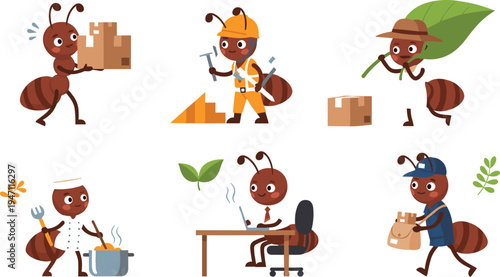 Cute ant worker cartoon character set with construction farmer delivery cooking and office work insect mascot illustration collection