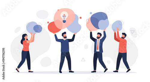 Teamwork and Innovation: People holding abstract shapes and a lightbulb idea symbol