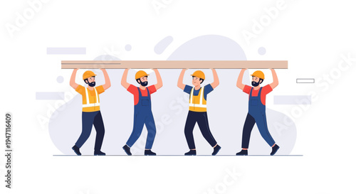 Construction workers carrying heavy wood beam together, teamwork concept