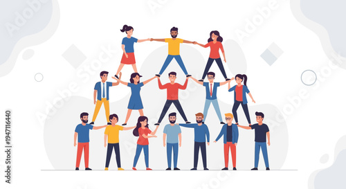 Teamwork Pyramid: Diverse People Building Human Tower, Unity, Support, Success