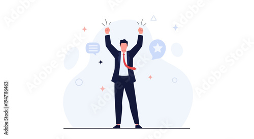 Businessman celebrating success with raised hands, achievement, victory, positive emotions, business concept