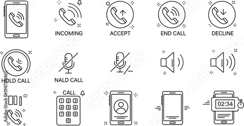 Phone call control line icon set with incoming accept decline end call mute microphone and smartphone interface illustration
