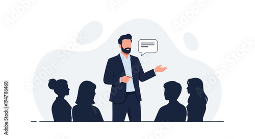 Business presentation: speaker addressing audience, speech bubble, flat design