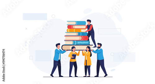 Teamwork carrying stack of books, education concept, learning, knowledge sharing