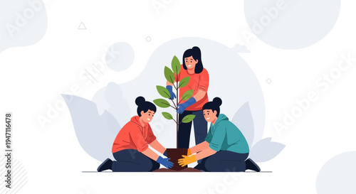 Diverse people planting a tree together, symbolizing teamwork and environmental care