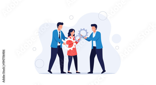 Teamwork and Collaboration: People assembling gears for business success