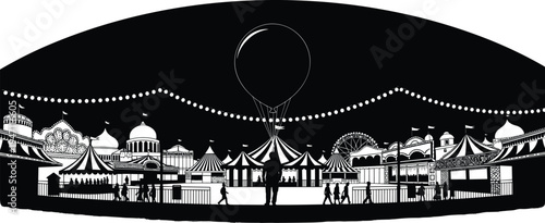 Carnival amusement park silhouette with Ferris wheel, circus tents, festive lights, fairground scene, walking people, balloon, entertainment vector artwork