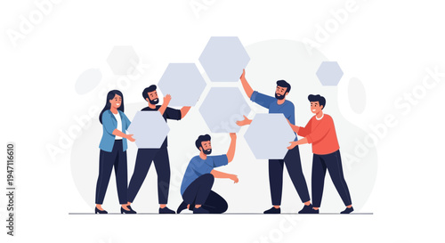 Teamwork assembling hexagonal puzzle pieces, collaboration, business concept, flat design