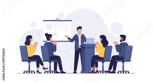 Business meeting presentation, speaker and audience applauding, flat design vector illustration