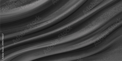 Black fabric texture features a smooth silk pattern with soft dark waves of satin cloth material and a 3d light design for an artistic textile wallpaper background