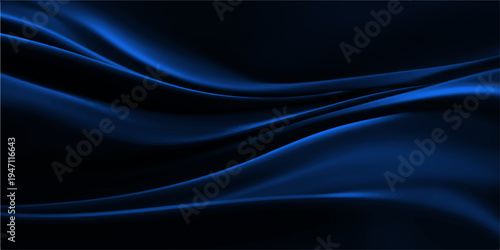 A smooth flow of dark blue and black silk waves creates a flowing satin texture with purple light lines in this elegant motion background design illustration