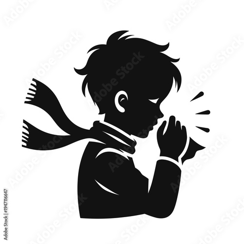 Boy sneezing into a tissue, black silhouette