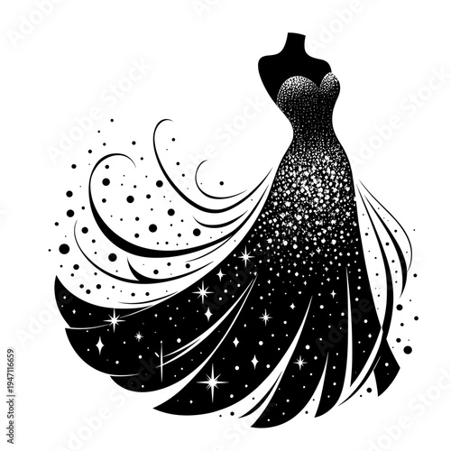 Elegant ballgown dress with starry skirt, intricate design, black and white
