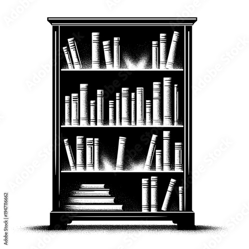 Elegant bookshelf with vintage books, monochrome sketch, knowledge symbol,