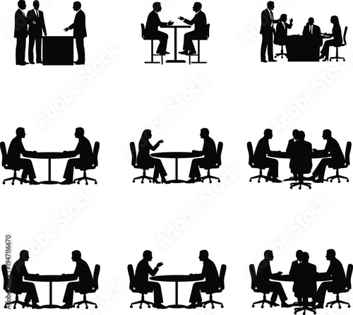Nine business meeting silhouettes showing professionals in formal attire engaged in teamwork, collaboration, leadership, interviews, and corporate communication around tables 