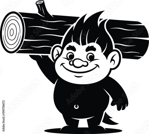 Cartoon troll carrying wooden log, cute fantasy creature character, smiling forest monster mascot, black silhouette vector illustration