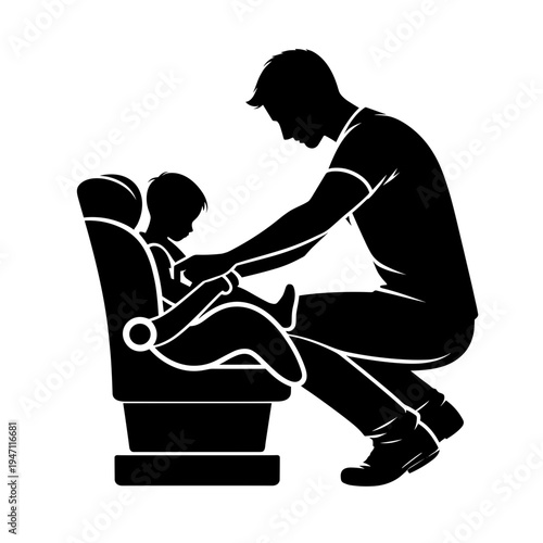 Man securing child in car seat during travel