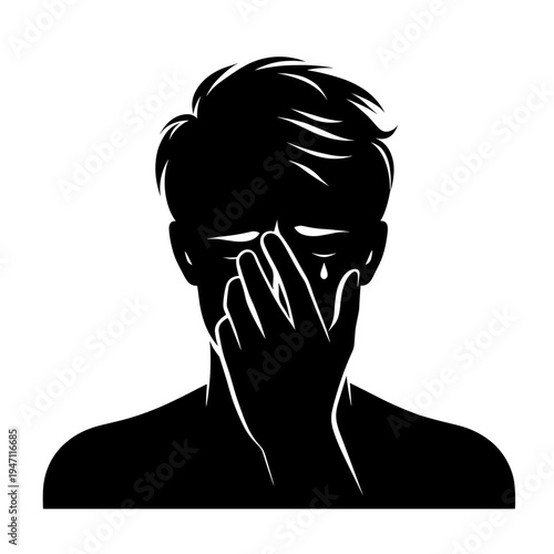 A person crying with hands covering face on plain background