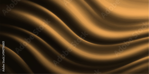 A flowing golden silk and satin fabric background features smooth luxury waves and soft curves in a liquid motion textile design