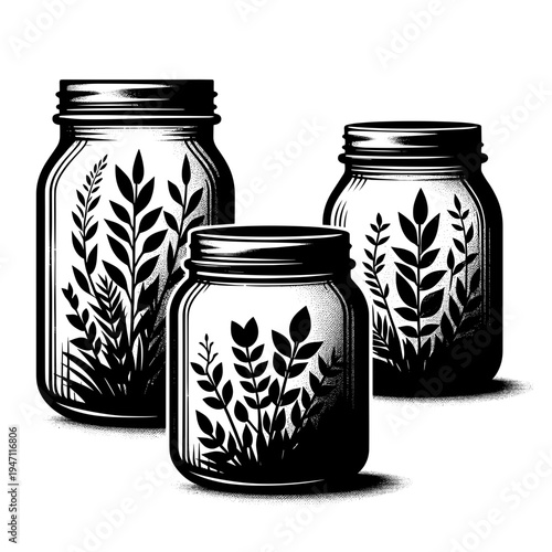 Black mason jars with botanical designs in monochrome style for home decor