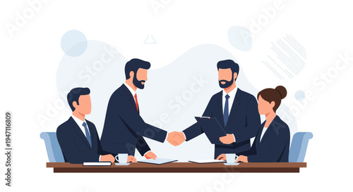 Businessmen shaking hands, closing a deal, with colleagues at meeting table.