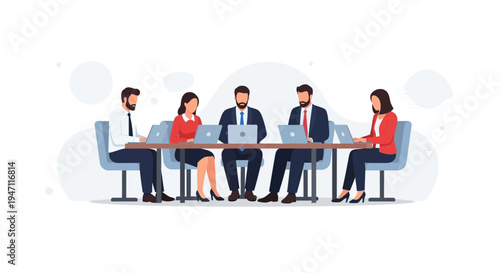 Business meeting: diverse team collaborating with laptops at a conference table