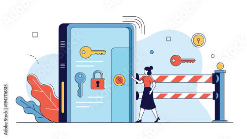 Woman standing next to a large smartphone screen with lock and key icons and a barrier representing digital security and restricted access.