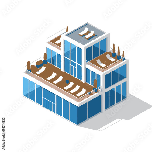 Isometric view of a modern luxury villa with multiple levels, balconies, and rooftop sun loungers, showcasing contemporary architectural design.