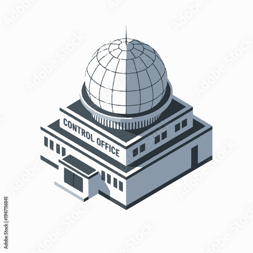 Isometric illustration of a modern control office building with a large geodesic dome on top, symbolizing command and oversight.