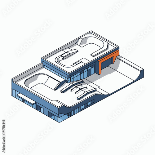 Isometric illustration of a modern indoor and outdoor skatepark complex with various ramps, bowls, and street obstacles.